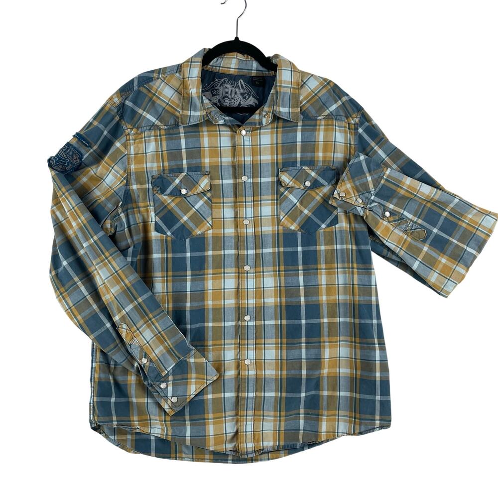 FOX Racing Shirt Men's XL Western Pearl Snap Blue Yellow Plaid Patch